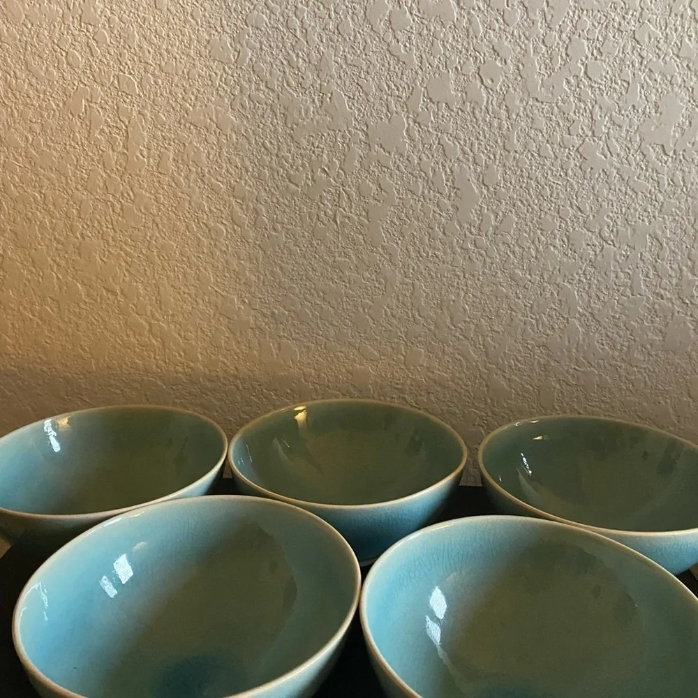 5 West Elm Light Blue Organic Alta Reactive Crackle Finish Soup Cereal Bowls